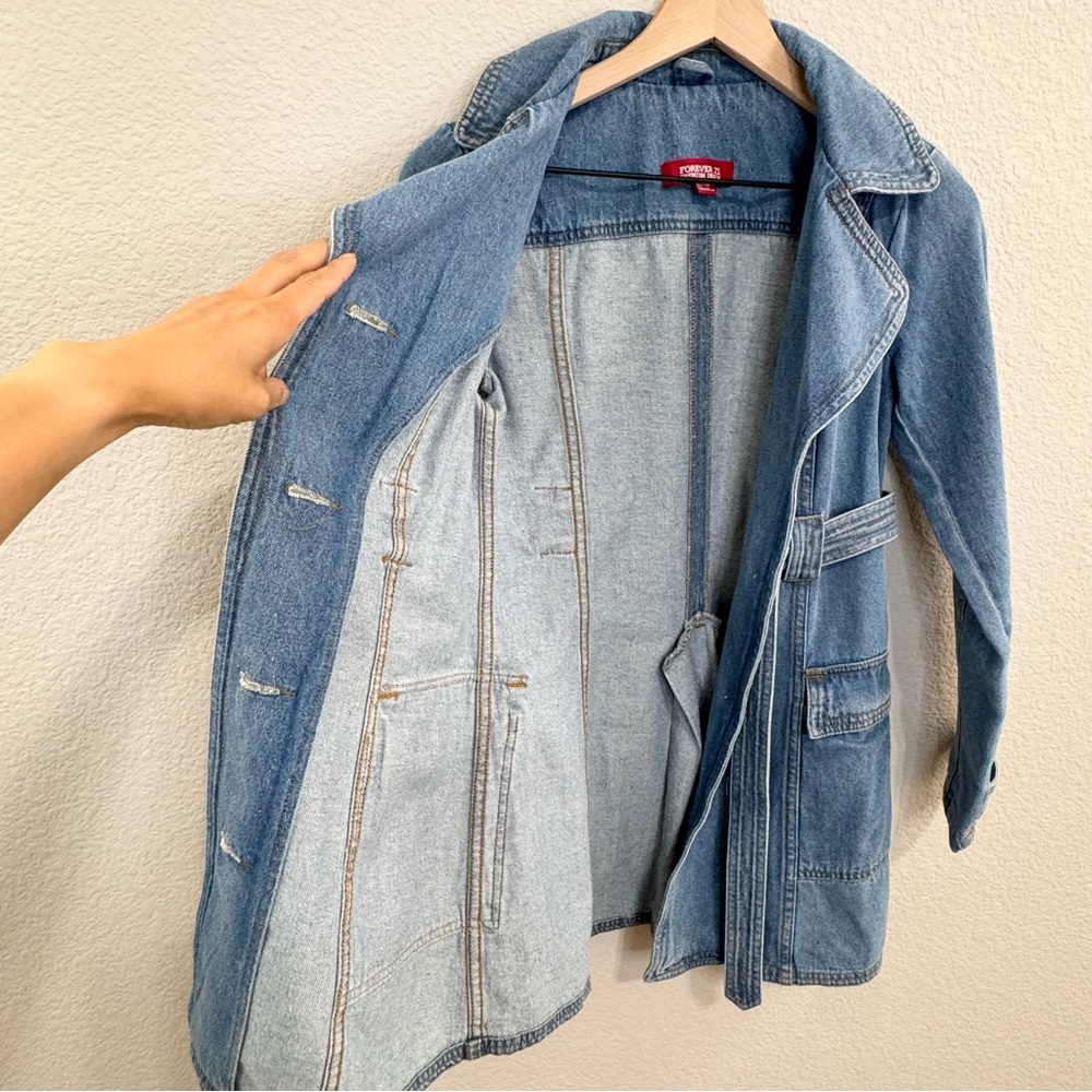Vintage Forever 21 Denim Belted Jacket 2000s Y2K Trench Style XS - Picture 5 of 11